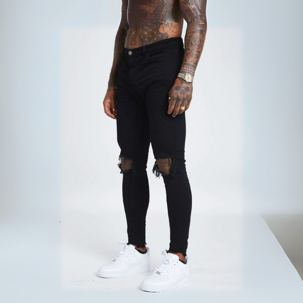 CALÇA JEANS ALL BLACK DESTRÓYED NO JOELHO / BARRA
