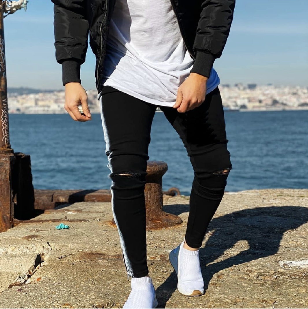 CALÇA JEANS BLACK FAIXA LATERAL PIGMENTADA