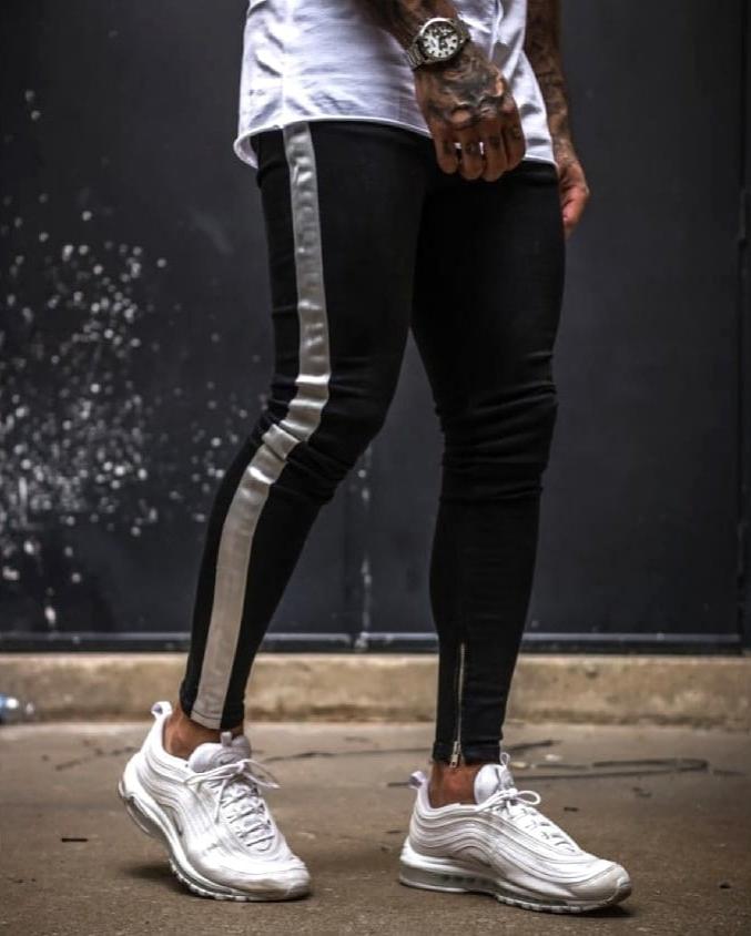 CALÇA JEANS BLACK FAIXA ACETINADA GREY